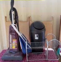 HANDY PERSON LOT,  CHROME SHELVES,  SHARP VACUUM, TRASH CAN AND CLEANSERS