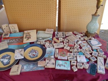 ALL ASIAN LOT.  BEAUTIFUL - STAMPS, 2 ANTIQUE LAMPS, PAPER STACK, COLLECTIBLE PLATES AND MORE