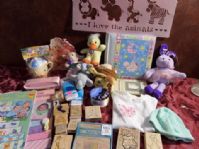 OH BABY!  THIS LOT IS FOR YOU!  MOMS BRAG BOOK, PAPER, STAMPS, CUP, PLUSH TOY AND MORE