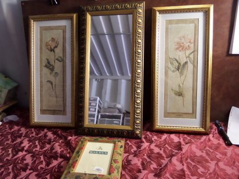 LOVELY FRAMED ROSE AND TULIP PRINTS, FRAMED MIRROR AND PICTURE FRAME