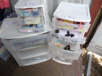 THREE SETS OF PLASTIC STORAGE DRAWERS WITH OFFICE SUPPLIES