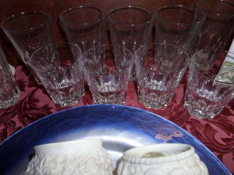 VARIETY GLASSWARE, THIRTY ONE GLASSES,  VASES, CHARGERS AND MORE