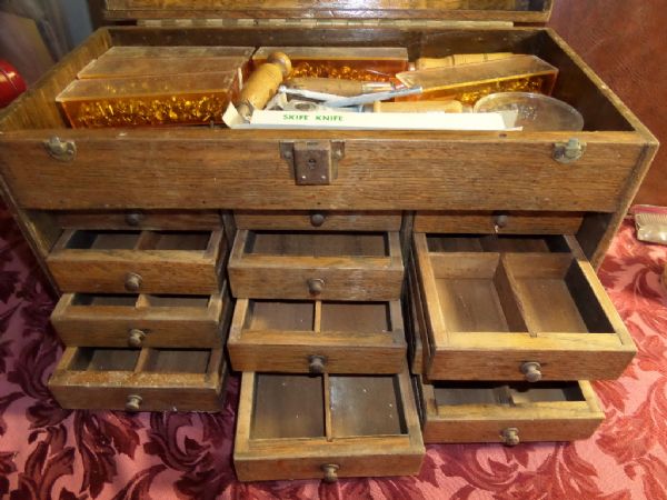 ANTIQUE OAK MULTi DRAWER TOOL BOX WITH TOOLS