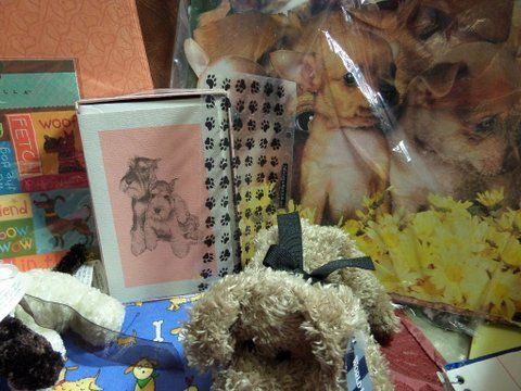 GOING TO THE DOGS!!!  FABRICS, BUTTONS, PAPERS, VASE AND PLUSH TOYS AND STAMPS