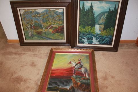 THREE ORIGINAL OIL PAINTINGS AND AN OLD PRINT