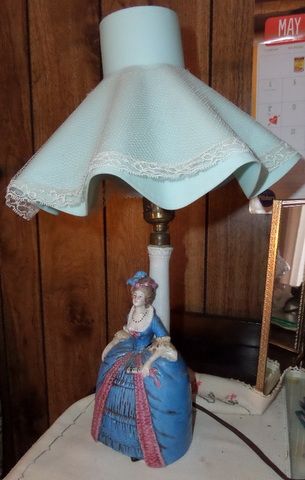 ANTIQUE VICTORIAN LADY LAMP AND SHADE  OWNED BY SELLER'S GRANDMOTHER
