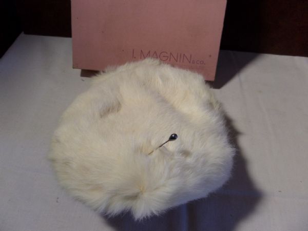 ANTIQUE WHITE FUR LADY'S HAT WITH HAT PIN