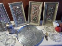 VINTAGE FOUR SEASON PICTURES WITH STANDS, LARGE PLATTER, STEIN, 