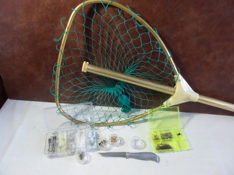 APPEARS TO BE NEW FISH NET,  KNIFE,  FLIES, AND FEATHERS