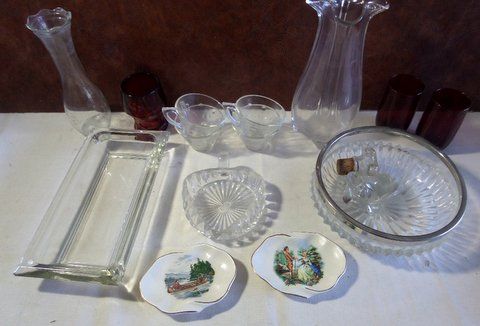 CRYSTAL AND GLASSWARE - SILVER RIMMED BOWL,   VINTAGE CERAMIC DISHES & CLEAR DOTTED CUPS & SAUCERS