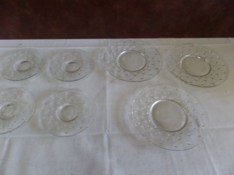 CRYSTAL AND GLASSWARE - SILVER RIMMED BOWL,   VINTAGE CERAMIC DISHES & CLEAR DOTTED CUPS & SAUCERS