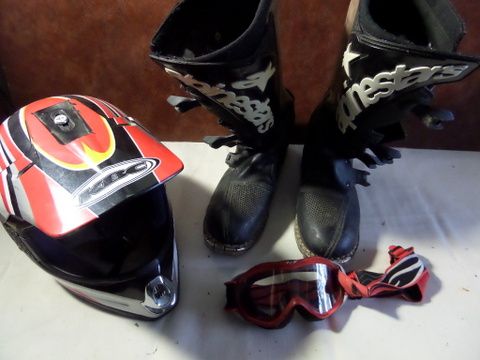 KBC MOTORCYCLE HELMET, BOOTS AND GOGGLES