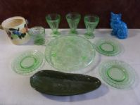 DEPRESSION GLASS PIECES, BLUE KITTY AND A "PICKLE"  PICKLE DISH