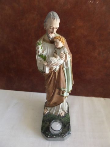 VERY OLD STATUE OF JOSEPH WITH CHILD , CERTAINLY VINTAGE, POSSIBLY ANTIQUE
