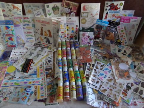 CRAFT LOT -  25 ACRYLIC PAINTS, LOADS AND LOADS OF STICKERS AND  FANCY PAPERS