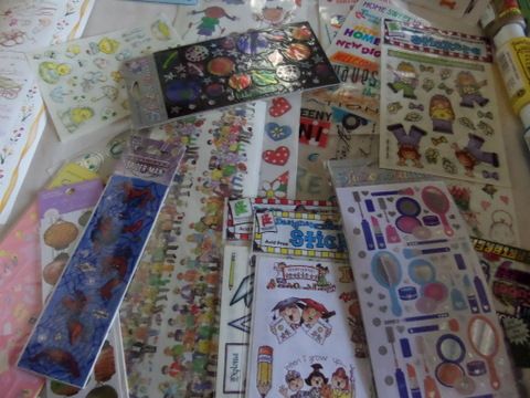 CRAFT LOT -  25 ACRYLIC PAINTS, LOADS AND LOADS OF STICKERS AND  FANCY PAPERS