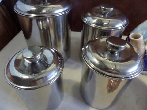 STAINLESS STEEL CANISTERS & SALT CELLAR, DECORATIVE TEAPOT, COFFEE SERVING SET AND MORE