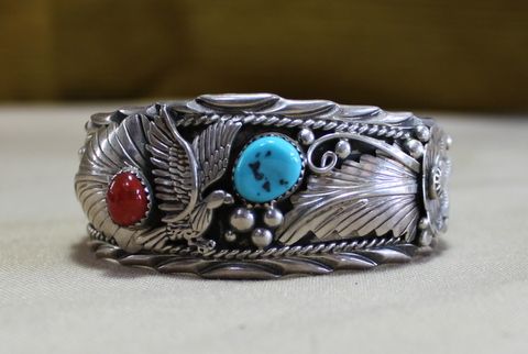 SOMETHING SPECIAL- HANDMADE STERLING SILVER CUFF WITH TURQOUISE & CORAL