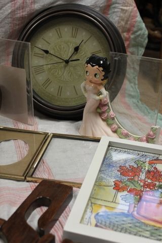 VINTAGE KACHINA DOLL, PICTURE FRAMES, FLORAL PRINT, CLOCK AND CAT