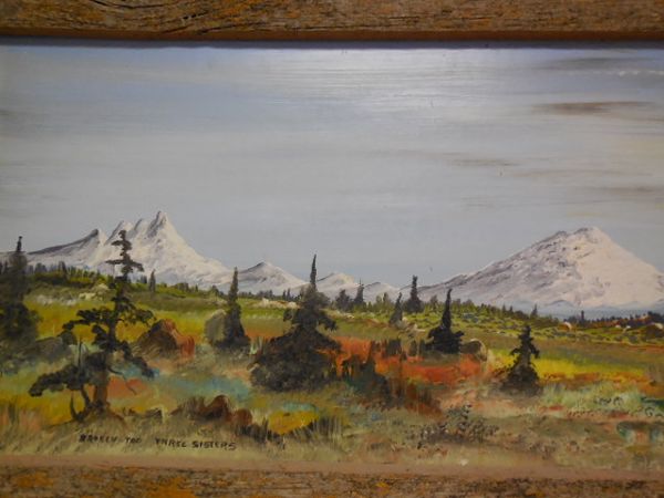 ORIGINAL  PAINTINGS OF THE THREE SISTERS MOUNTAINS IN OREGON BY H.W. SALMON RUSTIC BARN WOOD FRAMES