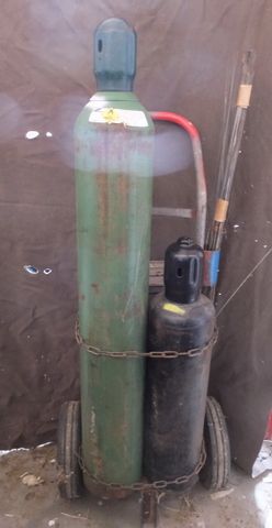 FULL OXY ACETYLENE TANKS ON CART WITH TOOL BOX, GAUGES, HOSES & MORE