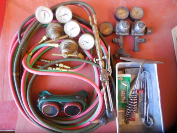 FULL OXY ACETYLENE TANKS ON CART WITH TOOL BOX, GAUGES, HOSES & MORE