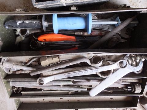 TOOL BOX WITH MISC. TOOLS AND KODAK BOX OF NUTS AND BOLTS.