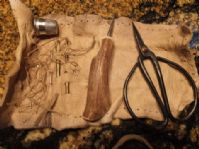 OLD LEATHER SEWING KIT WITH ANTLER AWL, NEEDLES FOR LEATHER AND SCISSORS