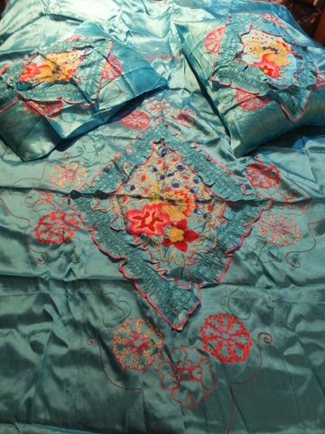 GORGEOUS RICH TURQUOISE PUNCH EMBROIDERED  BED SPREAD & PILLOW SHAMS