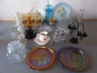 VARIETY GLASSWARE LOT - CARNIVAL GLASS PLATES, CRYSTAL CANDY DISH AND MORE