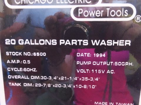 UNUSED 20 GALLON CHICAGO ELECTRIC PARTS WASHER WITH 50 GPM PUMP