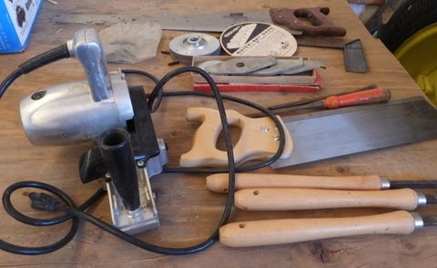 WOODWORKING TOOLS -POWER PLANER, 2 DADOS, HAND SAWS, SQUARE, BLOCK OF WOOD PLUS MORE