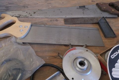 WOODWORKING TOOLS -POWER PLANER, 2 DADOS, HAND SAWS, SQUARE, BLOCK OF WOOD PLUS MORE