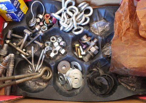 HANDYMAN ASSORTMENT - BOLTS, NUTS, WASHER, STAPLES AND STORAGE DRAWERS