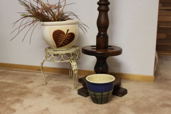  Wooden Hall Tree, Wrought Iron Pot Stand and Glazed Pots