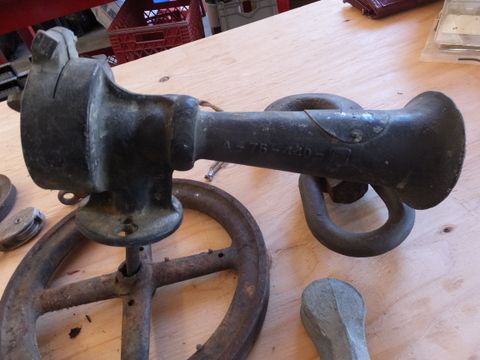 AIR HORN AND A VARIETY OF ART WORTHY OLD METAL PULLEYS, HOOKS AND MORE