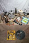 GOOD VARIETY OF KITCHEN ITEMS-MARBLE CHEESE BOARD, PANS, COOKBOOKS, BANANA HANGER