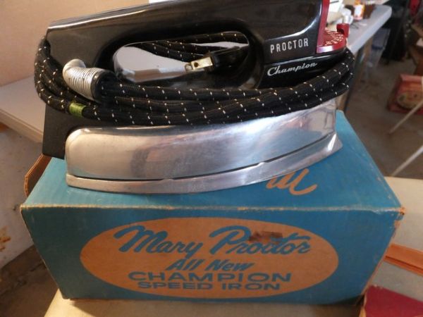 VINTAGE IRONING ITEMS, TIE STRAIGHTENER, MARY PROCTOR IRON, IRONING BOARD AND NEW COVER        