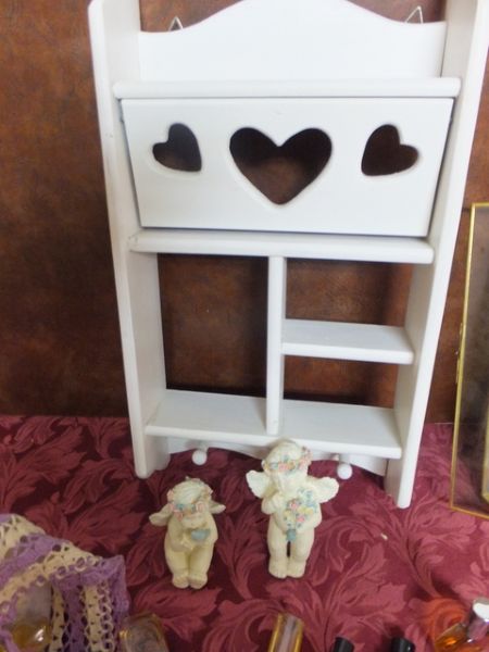VINTAGE CURIO CABINETS, PERFUME AND COLOGNE, RING HOLDER HAND PLUS MORE