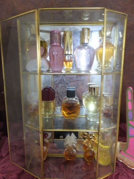 VINTAGE CURIO CABINETS, PERFUME AND COLOGNE, RING HOLDER HAND PLUS MORE