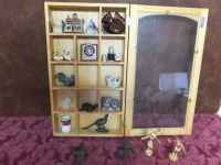 WOOD WITH GLASS CURIO CABINET AND KNICK KNACKS SOME VINTAGE