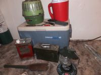 CAMPING GEAR - HEATER, LANTERN, FUEL, BUCK KNIFE, E-TOOL SHOVEL, ICE CHESTS.