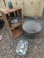 VARIETY  LOT WITH TREE FACE, LARGE STAINLESS STEEL BUCKET, VINTAGE WOODEN BOX, PLUS MORE