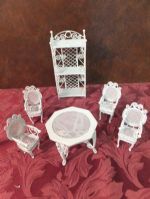 DOLL HOUSE FURNITURE - METAL WICKER STYLE AND ONE WOOD ROCKING CHAIR.