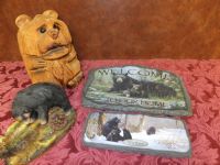 BEARS - SMALL AND FUNNY CARVED WOOD BEAR, WINTER BEAR SIGN AND VINTAGE BEAR 