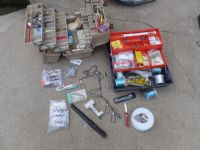 THREE FISHING TACKLE BOXES LOADED WITH GEAR, LEAD WEIGHTS, LURES, HOOKS & MORE.