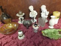VINTAGE VARIETY LOT -CARNIVAL GLASS, SILVER PLATE CANDLE HOLDER, BOY AND GIRL BUST & MORE