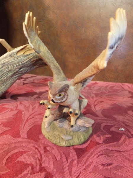 LARGE FEATHERED OWL WITH DRIFT WOOD AND A CERAMIC OWL