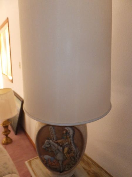 CERAMIC MARBLE TONE LAMP WITH NATIVE AMERICAN ON A HORSE