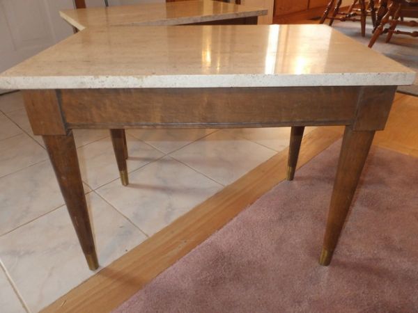TWO MATCHING VINTAGE WOOD SIDE TABLES WITH MARBLE STONE TOPS 